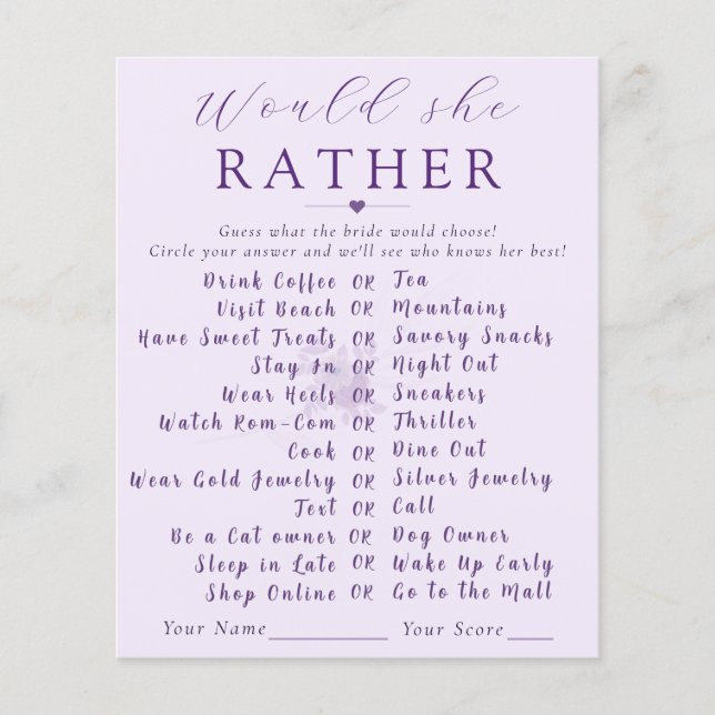 Modern Floral Would She Rather Bridal Shower Game  (Front)