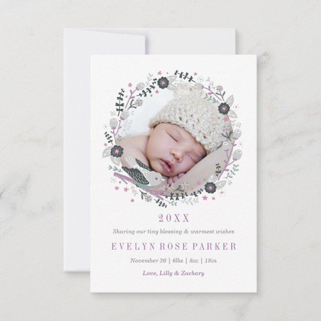 Modern Floral Wreath Birth Announcement (Front)