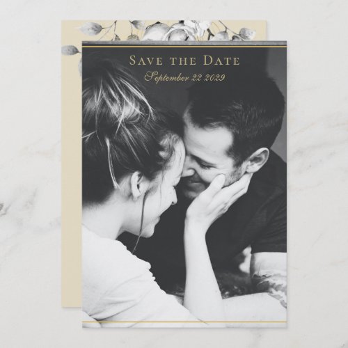 Modern Floral Wreath Black White Gold Wedding Save The Date