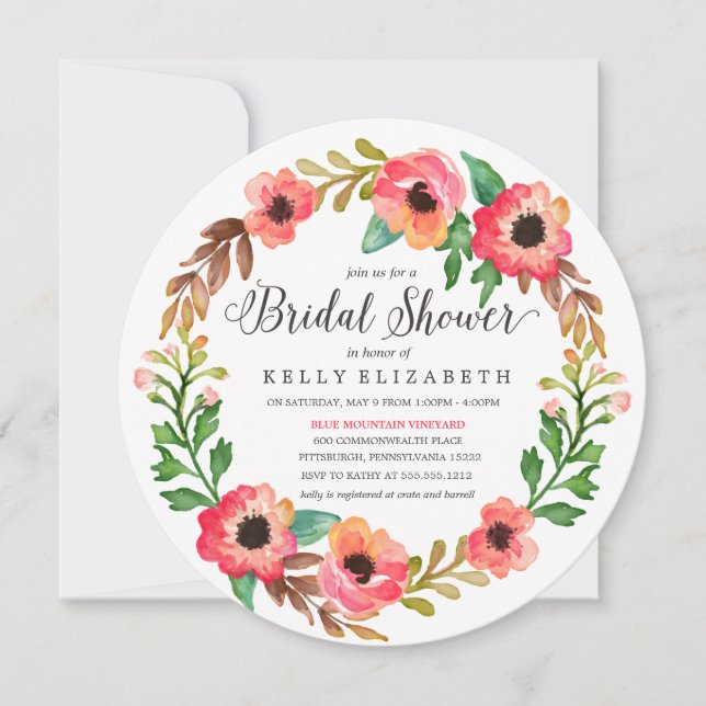 MODERN FLORAL WREATH bridal shower invitation (Front)