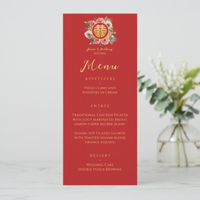 Modern floral wreath double xi chinese wedding menu (Standing Front)