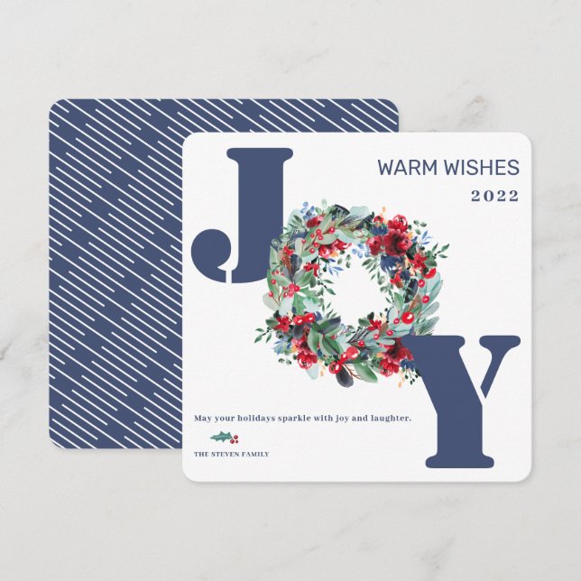 Modern floral wreath Merry Christmas Joy blue Holiday Card (Front/Back)