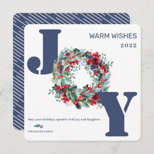 Modern floral wreath Merry Christmas Joy blue Holiday Card