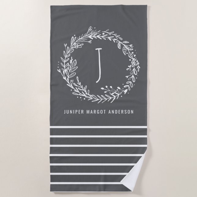 Modern floral wreath name and initial modern beach towel (Front)