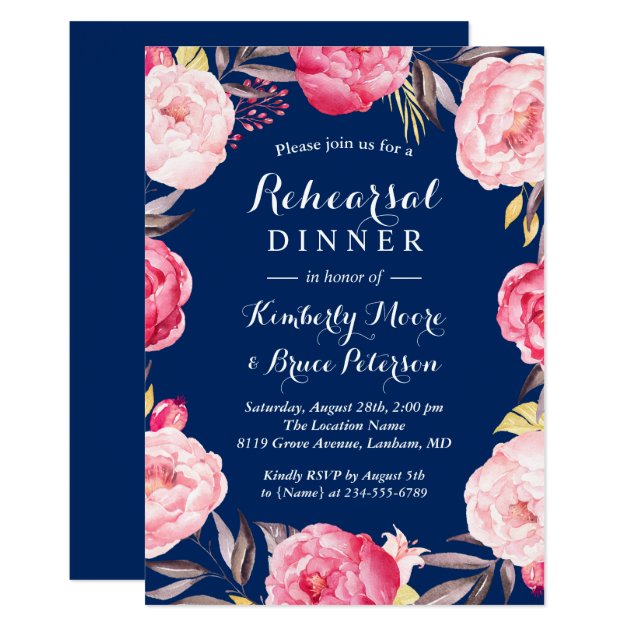 Modern Floral Wreath Navy Blue Rehearsal Dinner Invitation