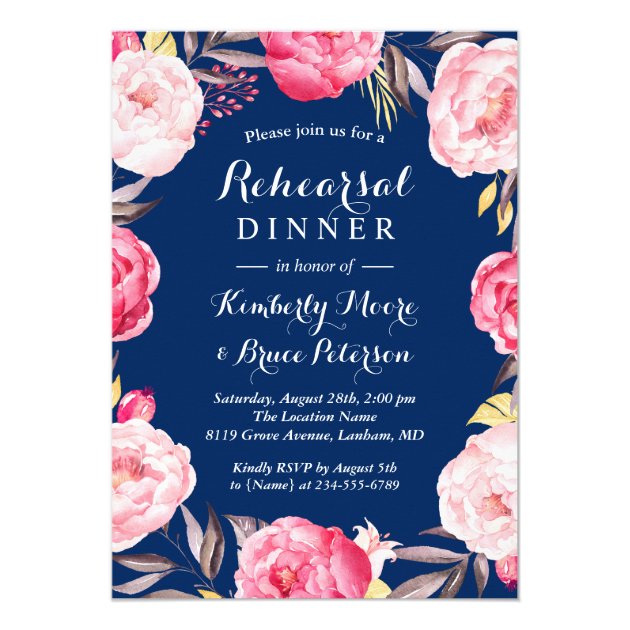 Modern Floral Wreath Navy Blue Rehearsal Dinner Invitation