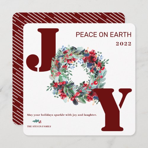 Modern floral wreath peace on earth Joy brown Holiday Card