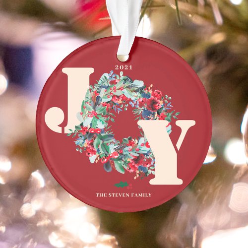 Modern floral wreath photo Christmas Joy beige Ornament