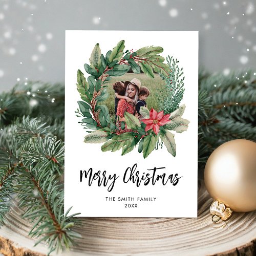 Modern Floral Wreath Photo Merry Christmas Holiday Card