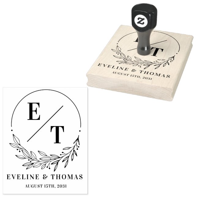 Modern floral wreath wedding monogram logo rubber stamp (Stamped)