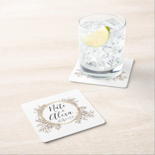  Modern Floral Wreath Wedding Personalized  Square Paper Coaster