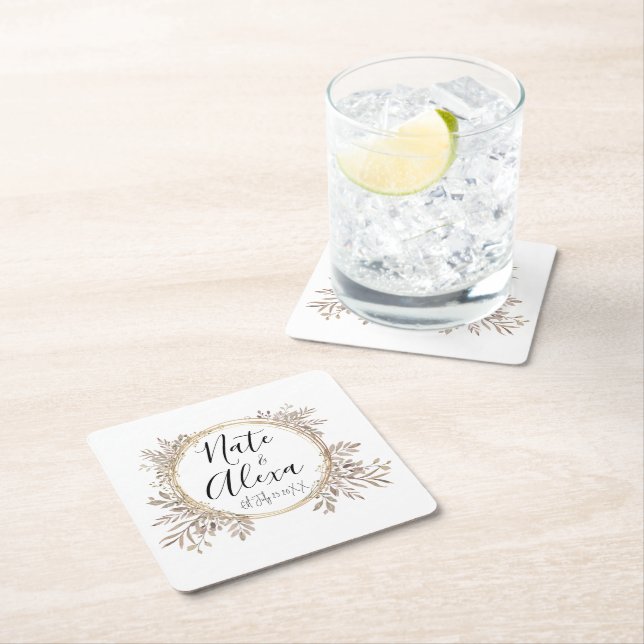  Modern Floral Wreath Wedding Personalized  Square Paper Coaster (Insitu)