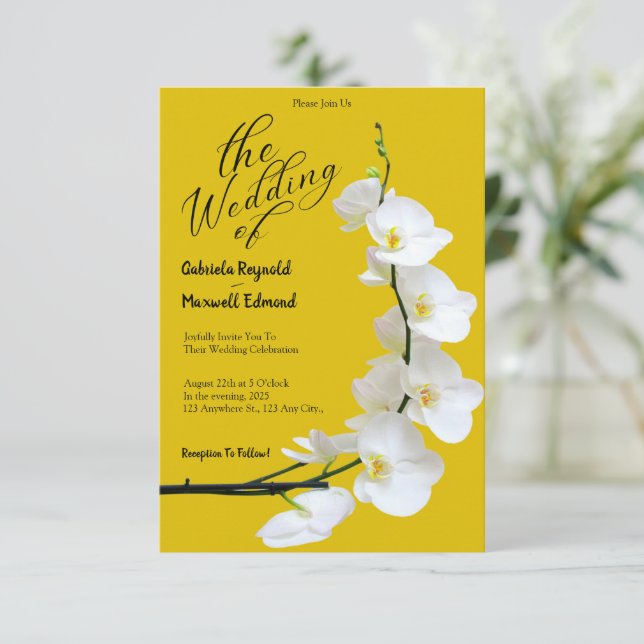 Modern Floral Yellow and White Orchids Wedding Invitation (Standing Front)