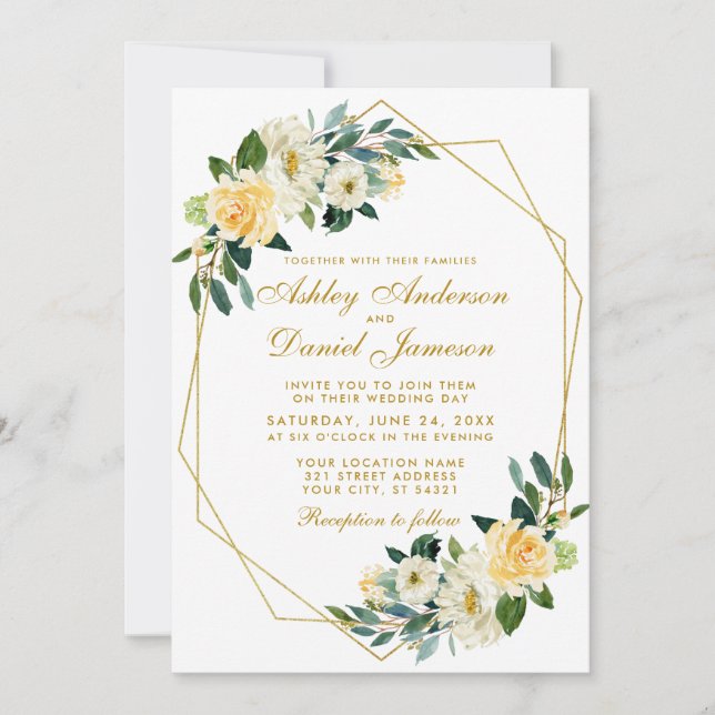 Modern Floral Yellow Gold Geometric Frame Wedding Invitation (Front)