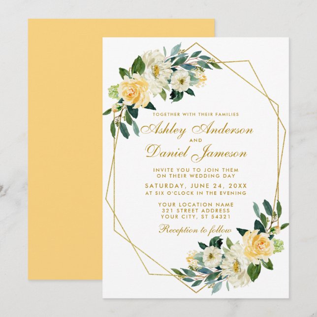 Modern Floral Yellow Gold Geometric Wedding Invitation (Front/Back)