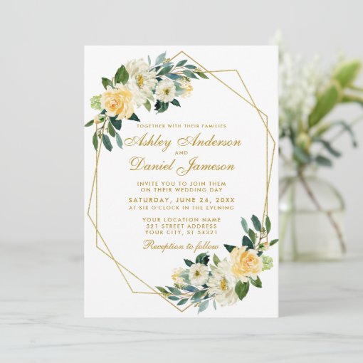 Modern Floral Yellow Gold Geometric Wedding Invitation 