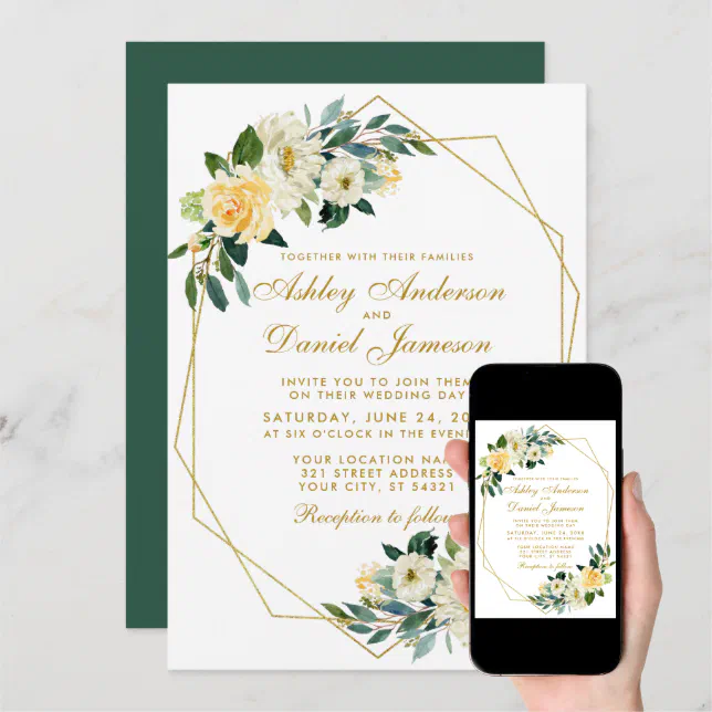 Modern Floral Yellow Green Gold Geometric Wedding Invitation Zazzle