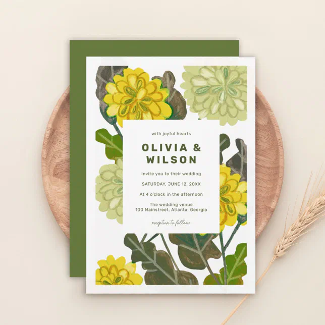 Modern floral yellow & green wedding invitation | Zazzle