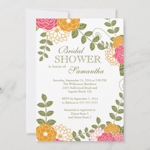 Modern Floral  Zinnia &amp; Mums Flower Bridal Shower 5x7 Paper Invitation Card