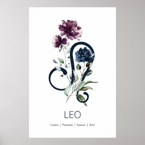 Modern Floral Zodiac Star Sign Leo Poster