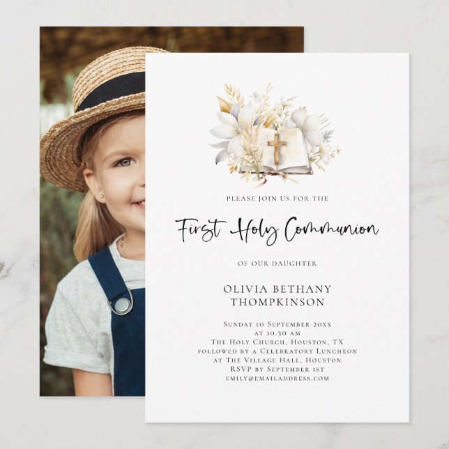 Modern Florals Bible Photo First Holy Communion Invitation (Front/Back)