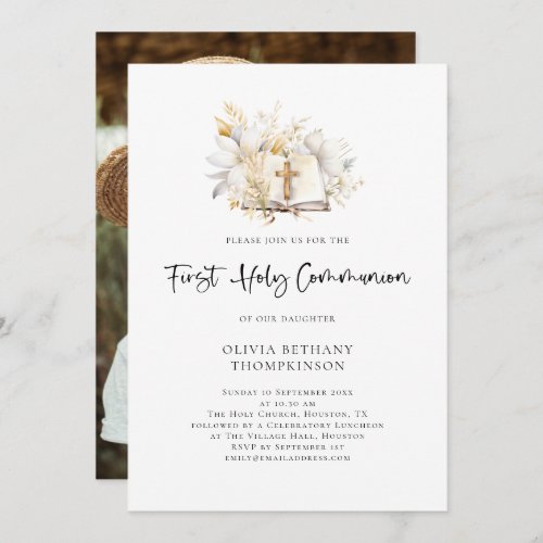 Modern Florals Bible Photo First Holy Communion Invitation