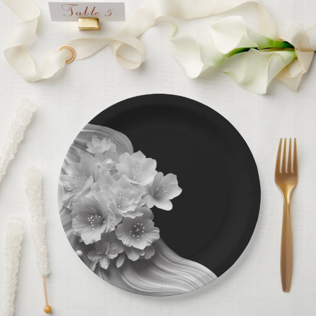 Modern Florals Black and White Wedding Paper Plates (Wedding)