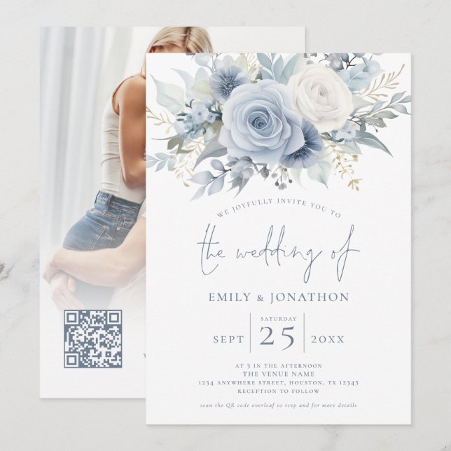 Modern Florals Photo Overlay Blue Text QR  Wedding Invitation (Front/Back)