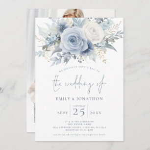 Modern Florals Photo Overlay Blue Text QR Wedding Invitation