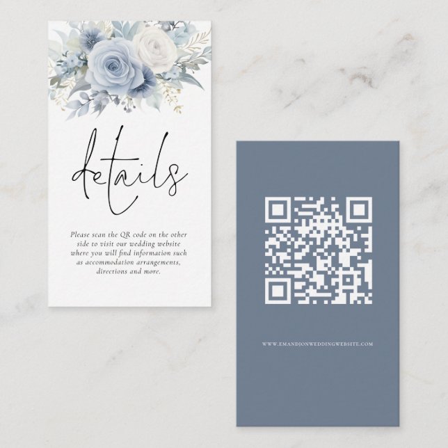 Modern Florals QR Code Dusty Blue Wedding Details Enclosure Card (Front/Back)