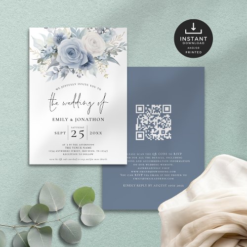 Modern Florals QR Code Dusty Blue Wedding Invitation