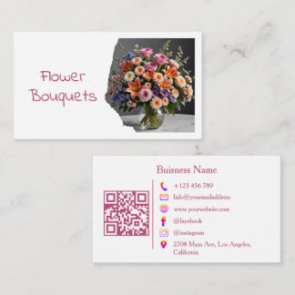 Modern Florist Flower Shop Bouquet QR Code Photo Business Card