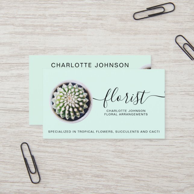 modern florist script tropical cactus photo teal business card (Front/Back In Situ)