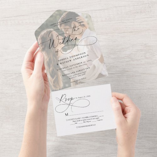 Modern Flourish Calligraphy White Photo Wedding All In One Invitation