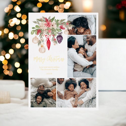 Modern flourish merry Christmas family 5 photos Foil Holiday Card