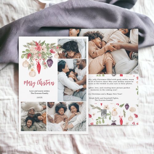 Modern flourish merry Christmas family 5 photos Holiday Card