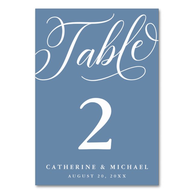 Modern Flourish Script, Dusty Blue Table Number (Front)