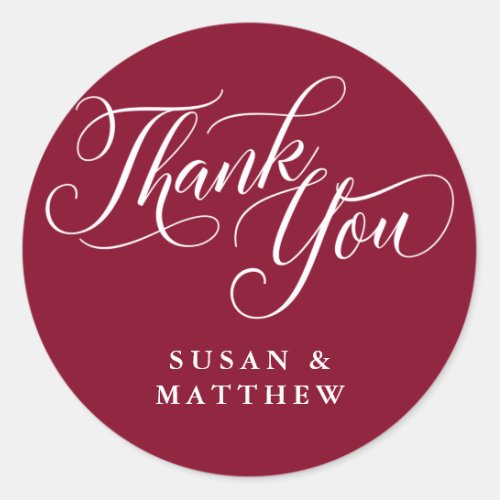 Modern Flourish Script Thank You Burgundy Classic Round Sticker