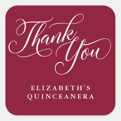 Modern Flourish Script Thank You Burgundy Square Sticker