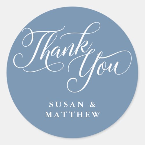 Modern Flourish Script Thank You Dusty Blue Classic Round Sticker