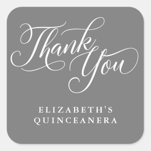 Modern Flourish Script Thank You Grey Square Sticker