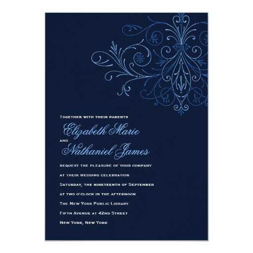 Modern Flourish Wedding Invitation Dark Blue | Zazzle