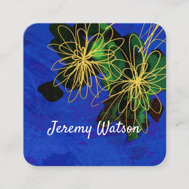 modern flower art on blue double sided custom square business card (Front)
