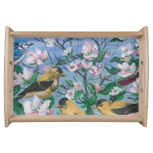 Modern Flower Art Yellow Birds Nature Serving Tray