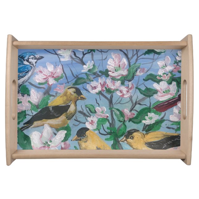 Modern Flower Art Yellow Birds Nature Serving Tray (Front)