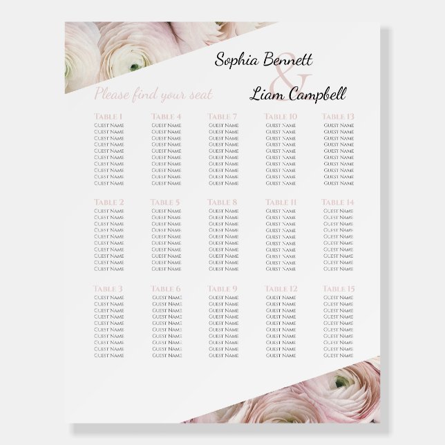 Modern Flower Blush pink 15 wedding table chart Foam Board (Front)