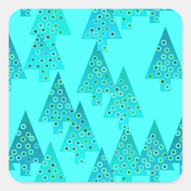 Modern flower Christmas trees - aqua & peacock Square Sticker (Front)