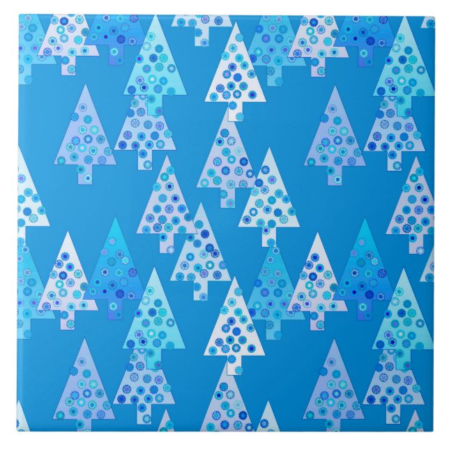 Modern flower Christmas trees - cerulean blue Ceramic Tile (Front)