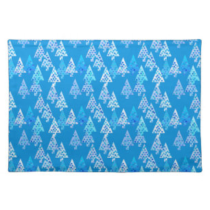 Modern Flower Christmas Trees, Cerulean Blue Cloth Placemat