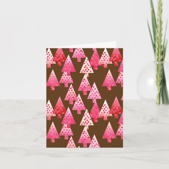 Modern flower Christmas trees - coral & brown Holiday Card (Front)